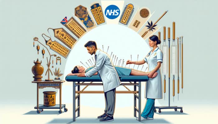 In a modern London clinic, an acupuncturist in a white coat performs needle therapy on a relaxed patient, surrounded by ancient Chinese scrolls and NHS certificates.