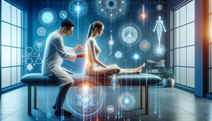 A skilled practitioner places needles on a relaxed patient in a modern UK clinic, surrounded by glowing auras symbolizing energy, recovery, and mental clarity.