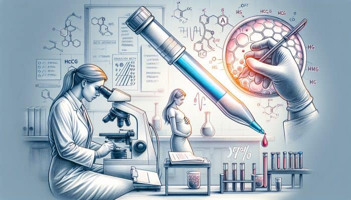 Pregnancy Blood Test in Bradford: In a UK clinic, a technician examines a blood sample for hCG under a microscope, with a serene pregnant woman nearby, emphasizing 97% accuracy.
