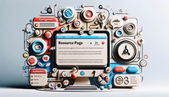 Digital illustration of a modern resource page on a screen, showing curated links, content updates, navigation icons, niche badges, and a contact section.