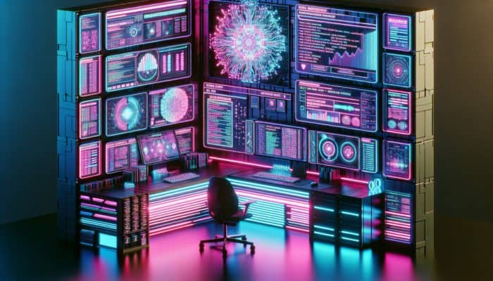 Futuristic hacker workstation with neon lights, modular screens displaying code and automation flows inspired by BlackPink's energy.