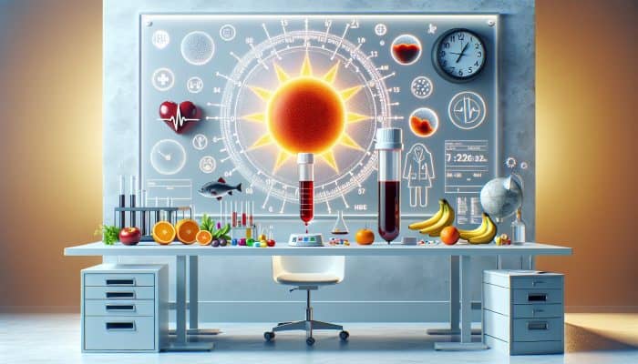 Illustration of a vitamin D blood draw in a modern lab with symbols: radiant sun, fresh fruits and fish, wall clock, pill bottles, and health icons.