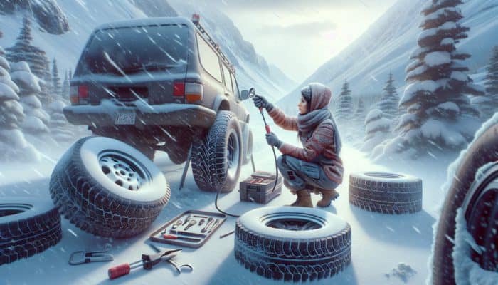 Blizzard Driving Tips: In a snowy Canadian landscape, a mechanic inspects a rugged vehicle's tires, checking tread and inflation amid falling snow and icy roads.