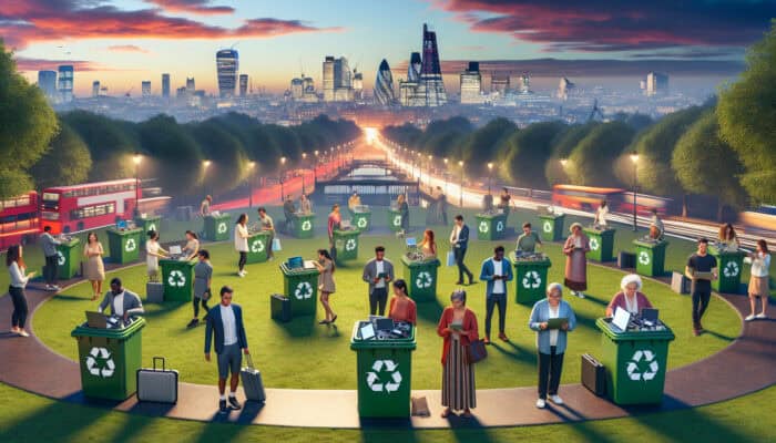 Recycling Electronics During UK Clearances: A vibrant UK cityscape at dusk with diverse people sorting electronics into recycling bins in green parks, under an Environment Agency e-waste banner.