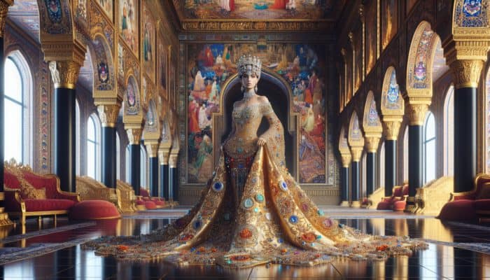 A poised woman in a royal gown, jewels, and crown stands confidently in a grand palace hall, exuding grace and self-assurance.