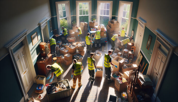 Workers in hi-vis vests sort through cluttered rooms of a Victorian home in Cardiff, loading boxes and furniture into a van with sunlight filtering in.