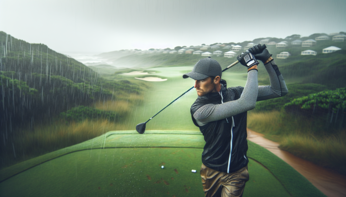 How to Hit a Golf Ball in Wet Conditions: A determined golfer swings a club in waterproof gear and FootJoy gloves on a rainy Durban coastal course.