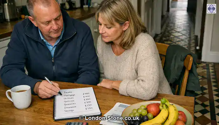 Homeowner and specialist reviewing a simple cost breakdown at a table, with a Victorian tiled hallway visible in the background.