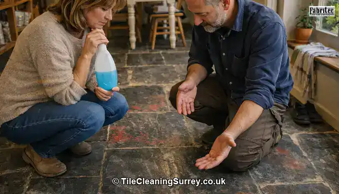 Homeowner worried about slate floor marks while a specialist explains residue and maintenance in a real Surrey kitchen.