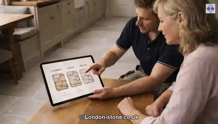 Specialist calmly explaining different restoration levels to a homeowner beside a limestone floor.