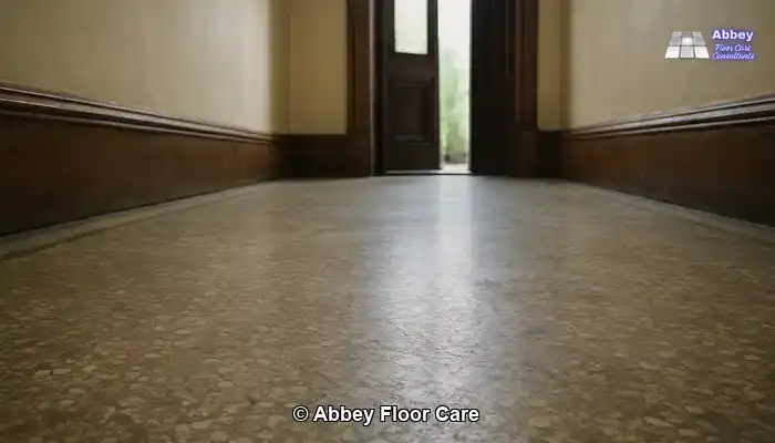 Hidden Threats to Terrazzo Floors for Glasgow Homeowners: Aged terrazzo floor in a Glasgow hallway showing dullness and uneven colour.
