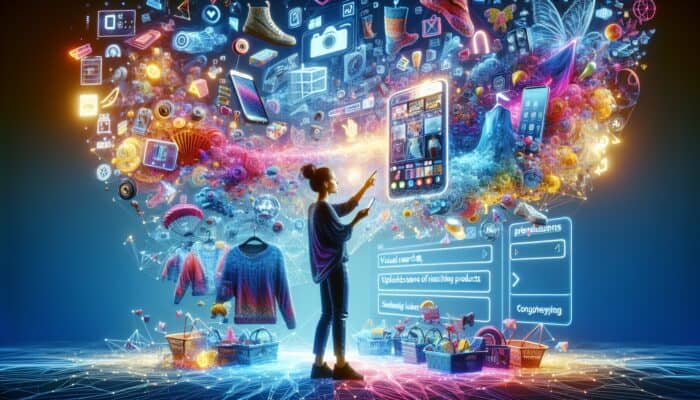 How to Optimise for Visual Search in E-Commerce Videos: Diverse shopper using smartphone to upload image for e-commerce visual search, showing colorful matching products.