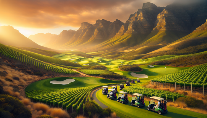 Top Golf Resorts For Groups: Golfers at Steenberg Estate in Western Cape, playing on lush fairways through vineyards and mountains under a golden sunset.