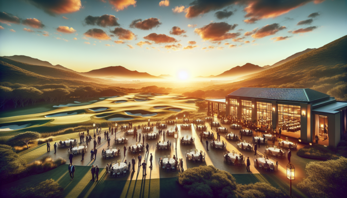 Sunset view of a luxurious South African resort, blending pristine golf course with modern event halls hosting a formal corporate gathering.