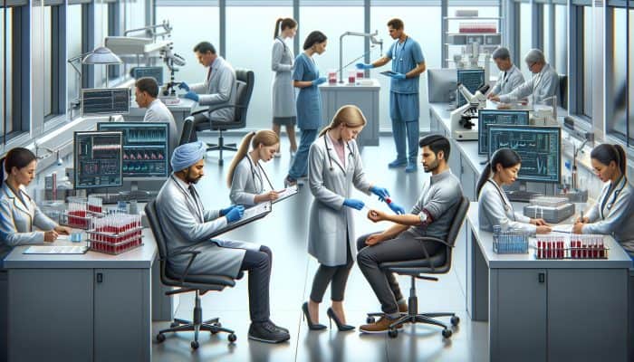 In a modern UK lab, a technician draws blood from a patient, scientists examine samples under microscopes, and a doctor reviews cholesterol results.