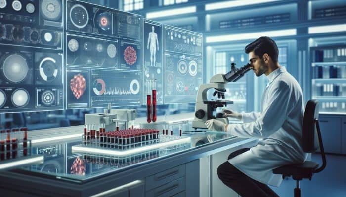 A medical professional in a white coat examines a blood sample under a high-tech microscope, with screens showing glucose graphs and diabetes results in a sterile lab.