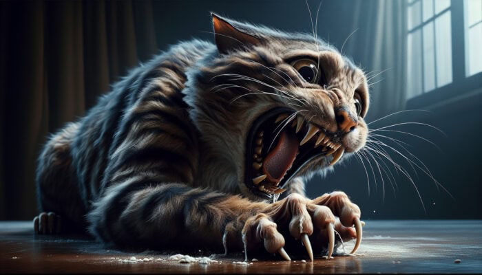 Choking Response for Cats: A distressed tabby cat frantically pawing at its mouth, eyes wide in panic, gagging with ruffled fur in a dimly lit home.
