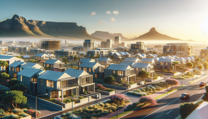 A sunny Cape Town neighbourhood with modern flats, starter homes, diverse architecture, lush greenery, and distant Table Mountain views.