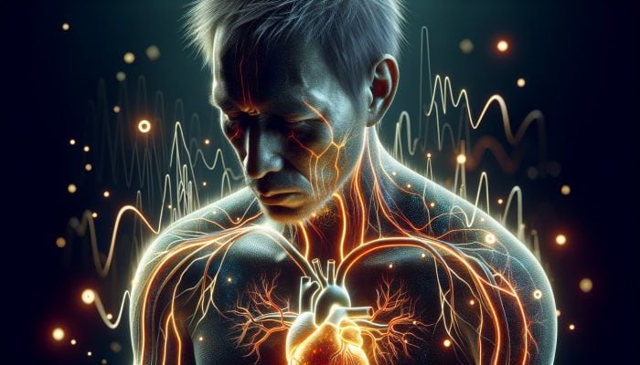 Illustration of a weary human figure with a glowing strained heart, pulsing arteries for high blood pressure, and shadowy hypertension and stroke risks.