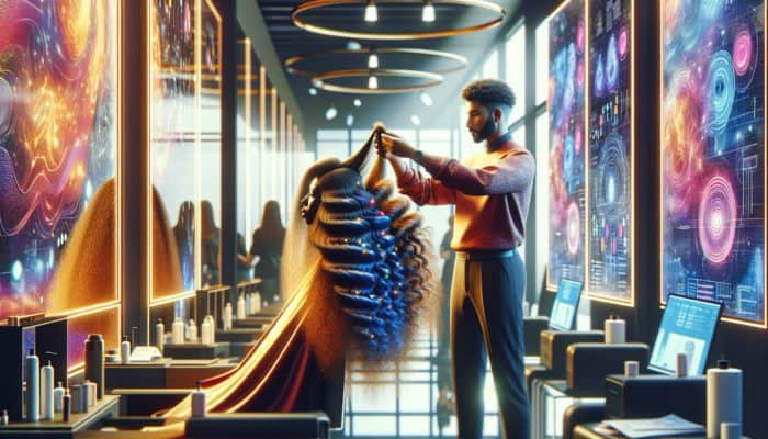 Illustration of a hairstylist layering long, wavy hair in a modern salon to create volume, with sunlight highlighting the texture.