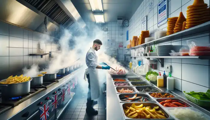 Selecting the Right Glove Material for Various Food Types: A chef in a white uniform uses nitrile gloves to handle fresh seafood in a busy British kitchen, surrounded by steaming pots and hygiene posters.
