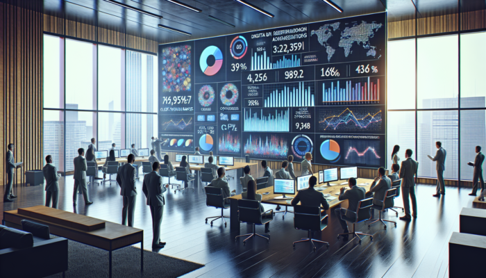 Modern office in Honiton: Business owners analyze digital dashboards on large screens showing KPIs, rising ROI, and UK compliance graphs.
