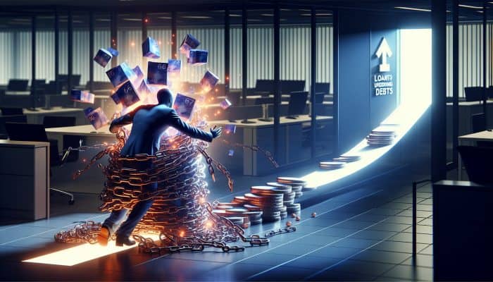How I Paid Off Debt With a Consolidation Loan | DCL A determined person in a modern UK office escapes tangled debt chains, merging into a glowing loan path with lower rates and 2-5 year timeline, symbolising financial empowerment.