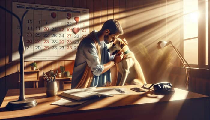 A pet owner gently checks a recovering dog for distress in a sunlit room, with a follow-up calendar and phone nearby.