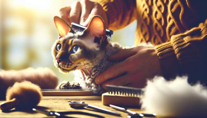 Gentle owner brushing Devon Rex cat's soft, curly coat in sunlit room; cat with perked ears, curious eyes, and grooming tools on table.