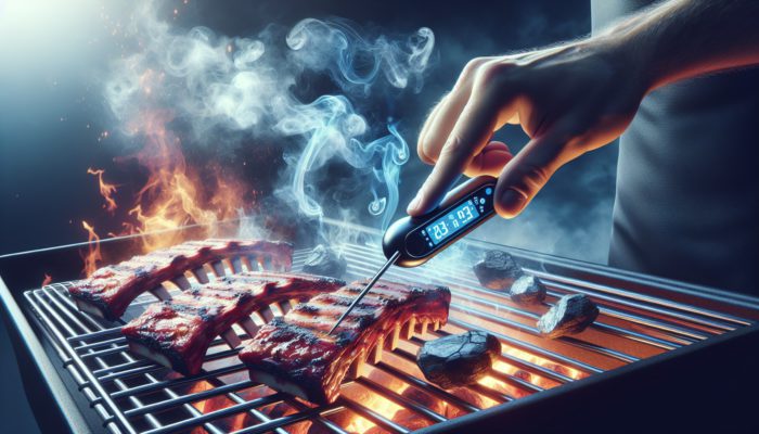 Barbecue expert using Weber thermometer to check ribs in smoky grill, displaying 225-250°F, with timer and glowing coals.