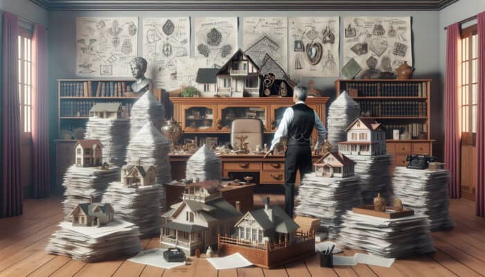 A determined executor in a cluttered antique office, surrounded by incomplete documents, family dispute sketches, and appraised assets like jewelry and deeds.