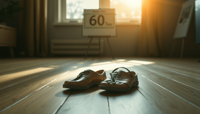 Stylish barefoot shoes on a wooden floor in a cozy indoor setting, with natural light and a calendar indicating a 60-day return period.