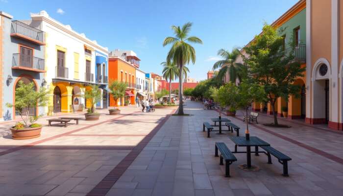 Vibrant urban plaza in San Miguel de Allende with well-lit pathways, open sightlines, and seating areas that promote community interaction, surrounded by colourful buildings and greenery for a safe atmosphere.
