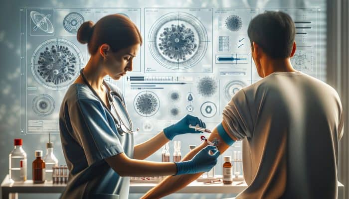 A nurse in blue scrubs gently inserts a needle into a patient's arm for a thyroid blood test, surrounded by antiseptic wipes and lab vials.