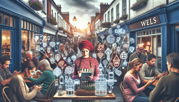 Bustling street in Wells: café owner posts daily specials on Instagram via tablet; customers engage with targeted ads on phones.