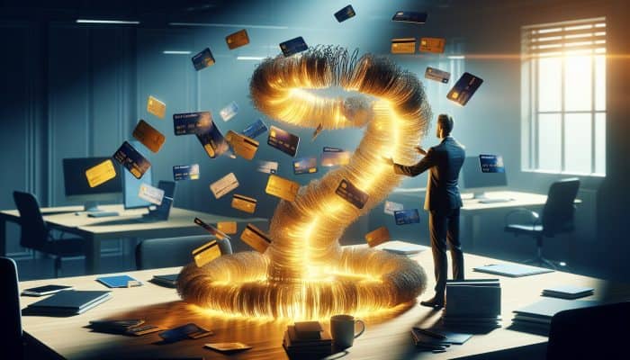 Understanding Debt Consolidation Costs: Essential Information | DCL Determined individual in a modern office merging tangled debt chains into a glowing golden stream, symbolising financial relief.