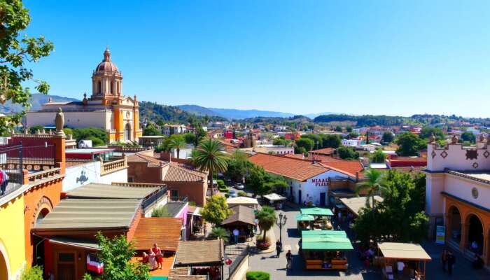 A scenic view of San Miguel de Allende showcasing its colourful colonial buildings, cobblestone streets, and lively markets under a clear blue sky and surrounded by greenery.