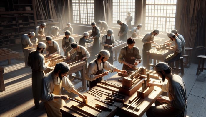 A skilled artisan in a sunlit workshop practices precise asymmetrical cuts on wood and metal with sharp tools.