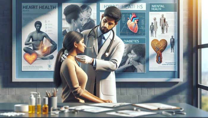 In a modern UK clinic, a thyroid specialist examines a diverse patient with advanced diagnostic tools, surrounded by posters on health risks and an NHS support group discussing awareness.