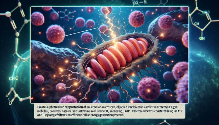 Why Coq10 Supplements Support Energy Levels: Vibrant microscopic cell with glowing mitochondria, CoQ10 molecules shuttling electrons to produce ATP sparks, symbolizing efficient energy and fatigue reduction.