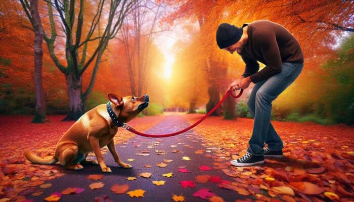 A stubborn dog with flattened ears resists its owner's command on a leafy park trail, as the frustrated owner pulls a red leash amid autumn trees.