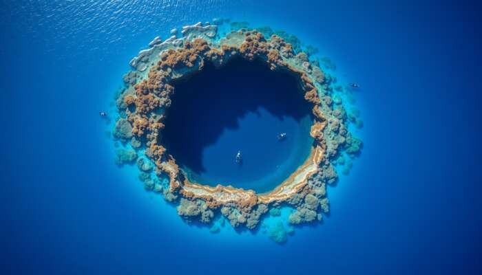 Aerial view of the Great Blue Hole highlighting its circular shape with vibrant blue water and surrounding coral reefs, featuring divers exploring underwater stalactites and stalagmites.