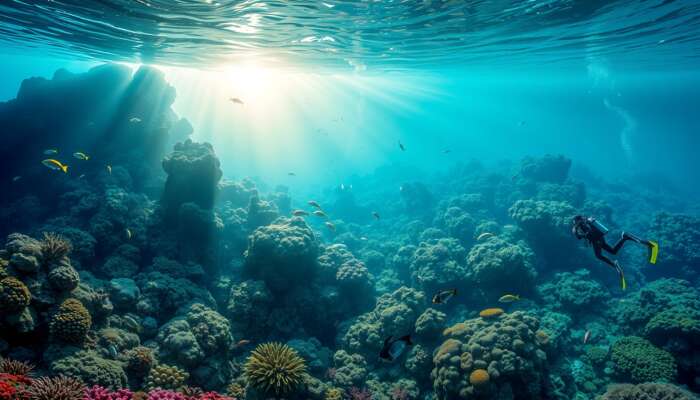 Underwater scene of a vibrant coral reef with diverse marine life, including colourful fish and sea turtles, illuminated by sunlight, as a diver explores the unique ecosystem.