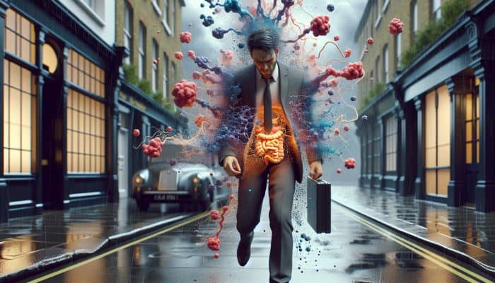 A stressed professional on a rainy London street, overwhelmed by deadlines and bills, with swirling cortisol molecules causing midsection fat buildup.