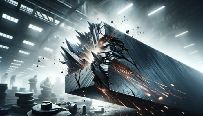 Protecting Edges from Breakage: Fractured metal edge on an industrial tool with jagged cracks, sparks, and hazy factory backdrop, showing stress and corrosion effects.