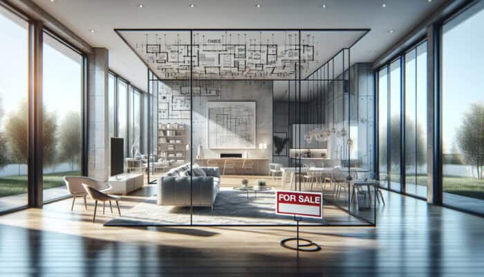 Modern home interior with sleek furniture, open spaces, and natural light, featuring a "For Sale" sign outside.