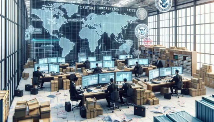 Handling a UK Clearance Stress-Free: Busy UK customs office with officers in formal attire reviewing import declarations on screens and documents, surrounded by shipping containers, maps, and stamps.