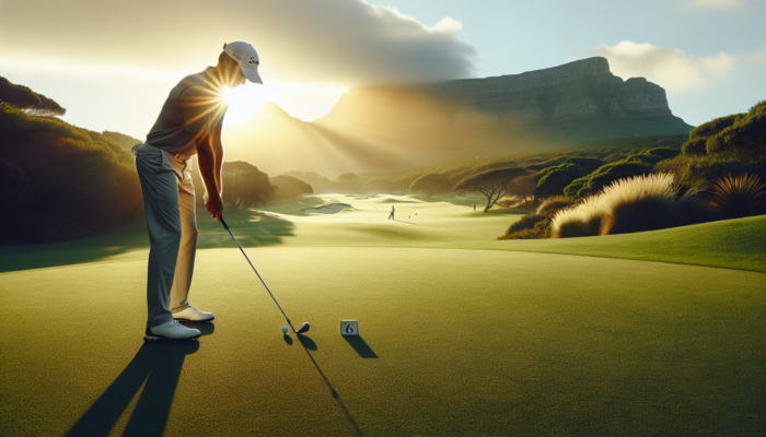 Improving Your Putting Accuracy: Professional golfer practices putting with neutral grip and balanced stance on South African greens under golden sun.