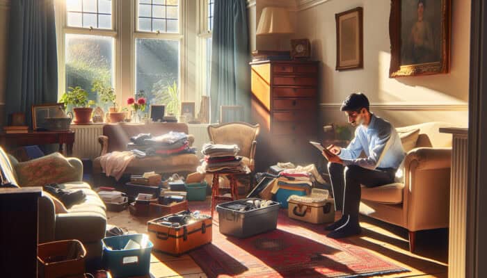 High-Speed Techniques for House Clearance: A person in a sunlit UK living room organizes clutter: categorising antique furniture, stacking electronics, and sorting clothes.