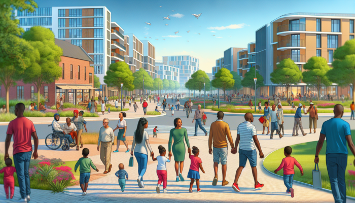 Springbok's vibrant neighborhood: families strolling safe streets lined with schools and shops, children playing in a lush park, and residents at community events.